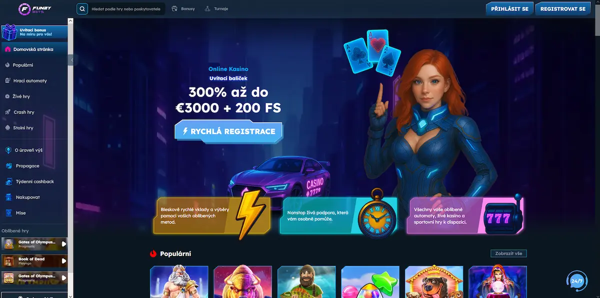 Herní lobby kasina Funzybets s uvítacím bonusem a přehledem oblíbených herních automatů