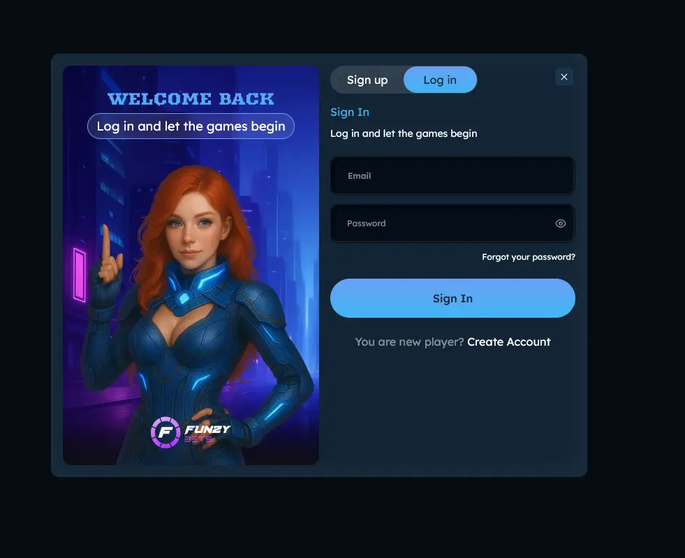 Přihlašovací formulář Funzybets Casino s polem pro e-mail a heslo