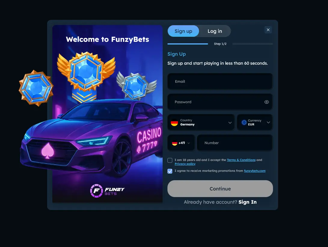 Registrační formulář nového účtu ve Funzybets Casino